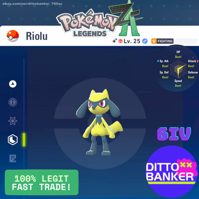 Pokemon Legends ZA   SHINY RIOLU ALPHA Lv.25 Male Adamant/6IV/MAX EV Gold Bottle