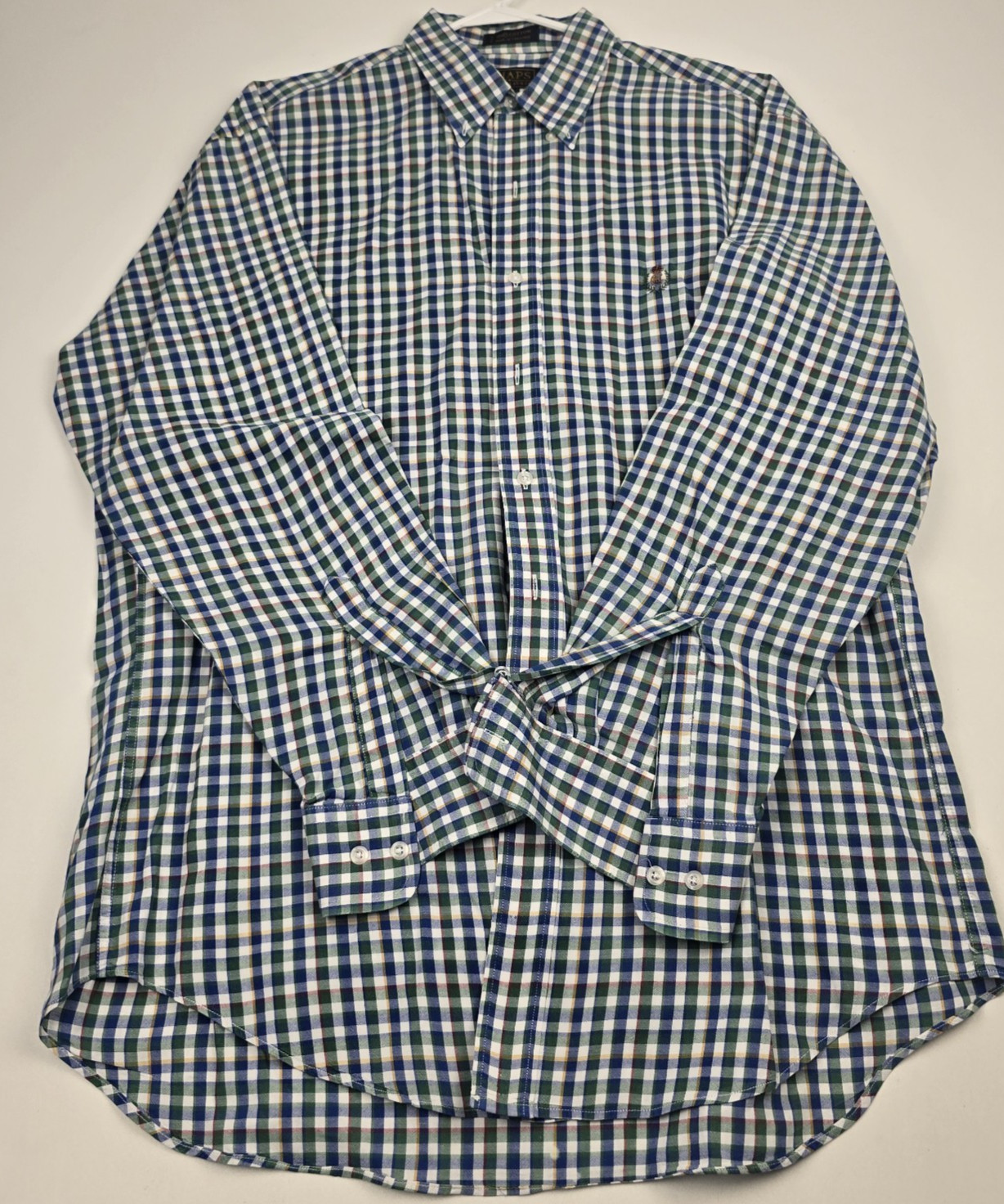 RALPH LAUREN CHAPS Men Shirt Size 16 34-35 Checked Blue/Green Cotton