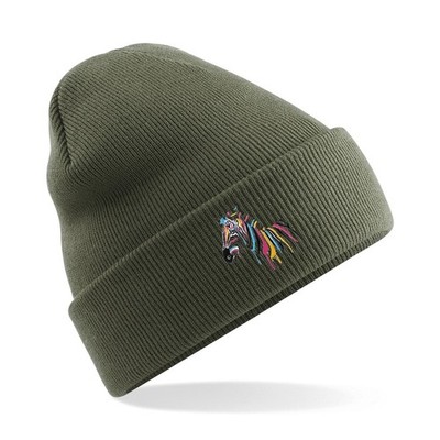 Beanie Mütze mit Zebra-Stickerei - kuschelige Strick Wintermütze | Unisex Tiermotiv