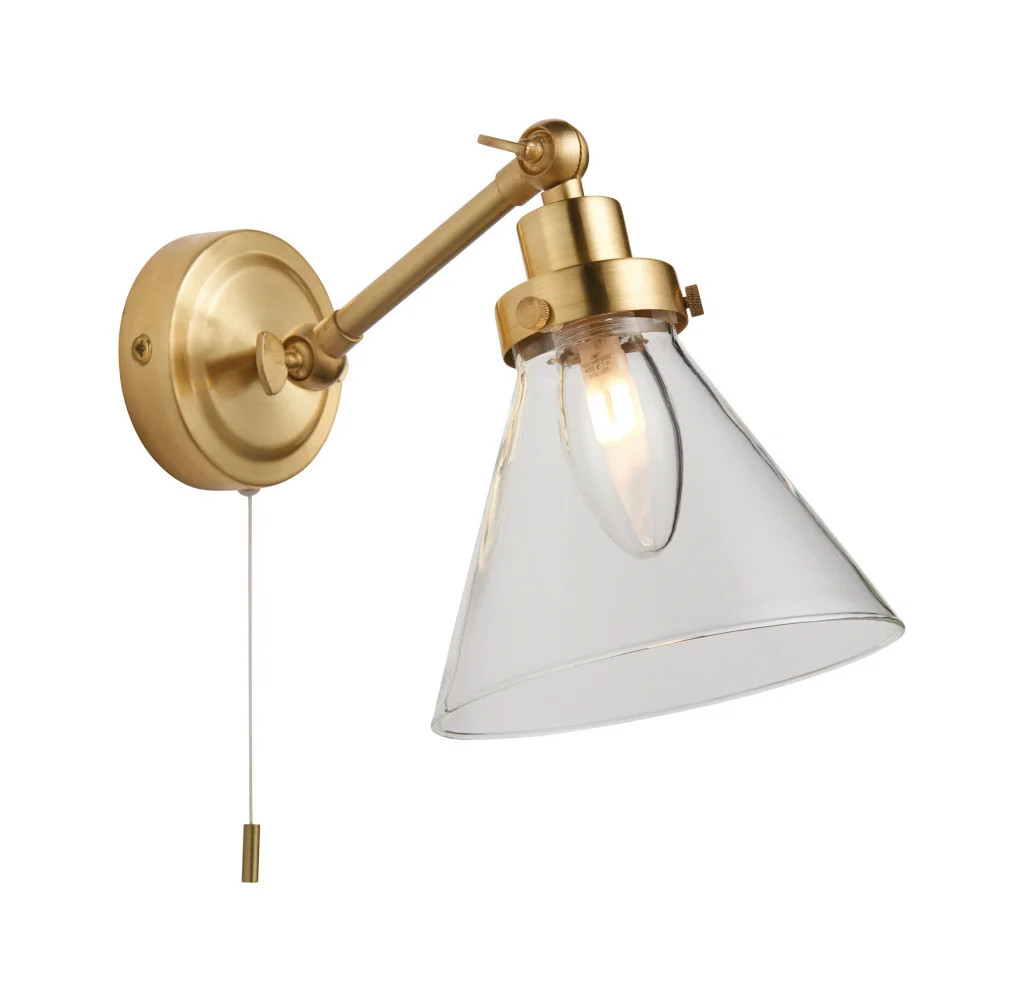 Wall Light Brass Faraday IP44 Satin Clear Glass Endon 93854