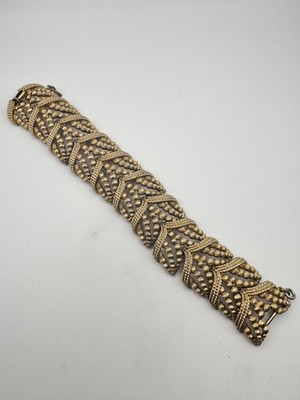 Vintage Monet Bracelet Gold Tone Chevron Mesh Beaded Link Mid Century Chunky
