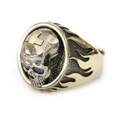 Cupronickel Skull Brass Fire Cross Blue CZ Eyes Punk Ring BR454D US Size 8~15