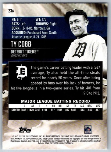 TY COBB 2021 Topps Stadium Club Red Foil #236 - Picture 2 of 2