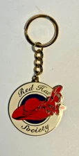 Ladies Red Hat Society Hat Key Chain Red Purple Enamel Gold in bag clean