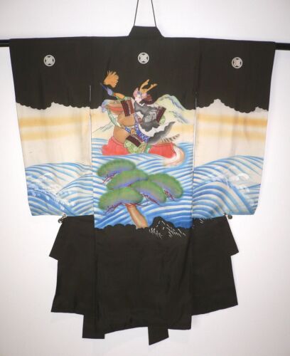 FAB JAPANESE BOY'S SILK CHRISTENING MIYAMAIRI CEREMONIAL KIMONO Samurai Warrior - Afbeelding 1 van 11