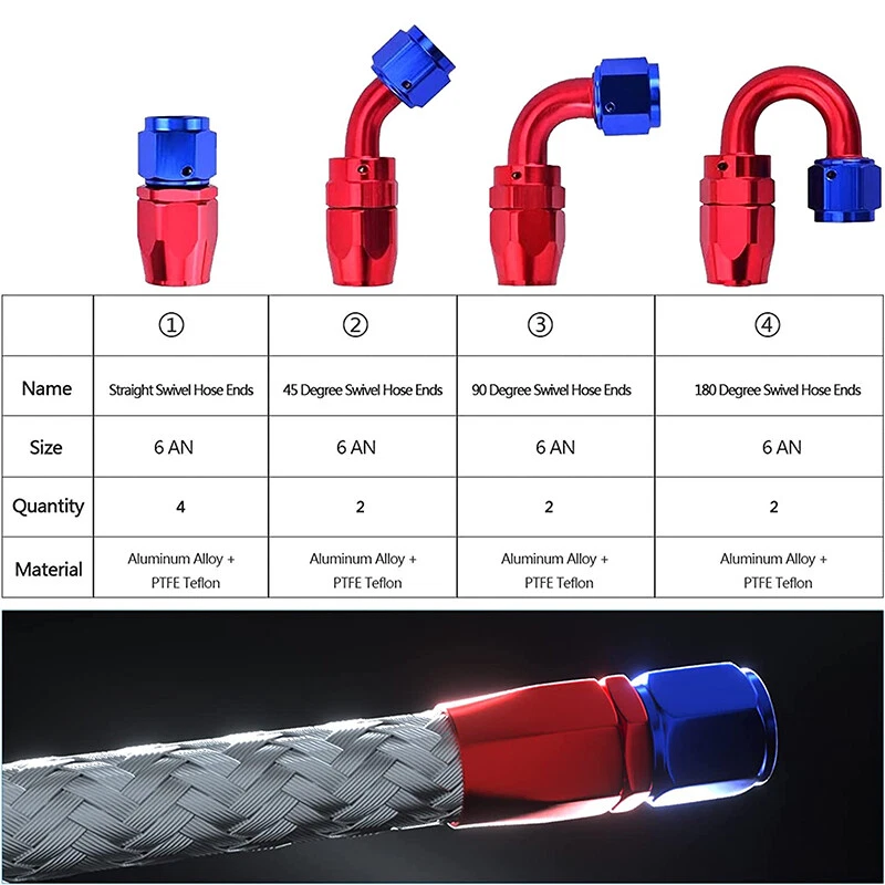 4AN-6AN-8AN-10AN Nylon Braided PTFE Fuel Line 10FT 20FT with 20 Fitting Hose Kit