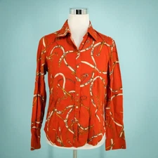 Talbots Size 6 Red Horse Bit Bridle Equestrian Print Button Long Sleeve Top
