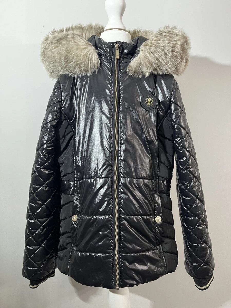 River Island Girls Black Quilted Fur Trim Padded Coat Age 9 10