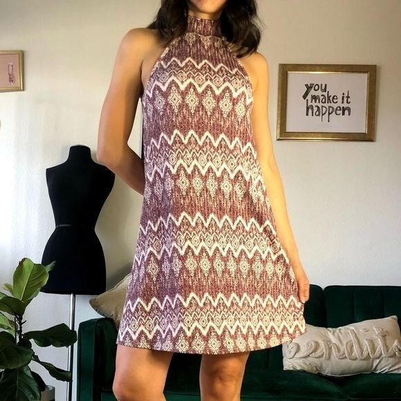 Tribal Print Spring Flowy Mock Neck Dress Casual Summer Outfit Size S