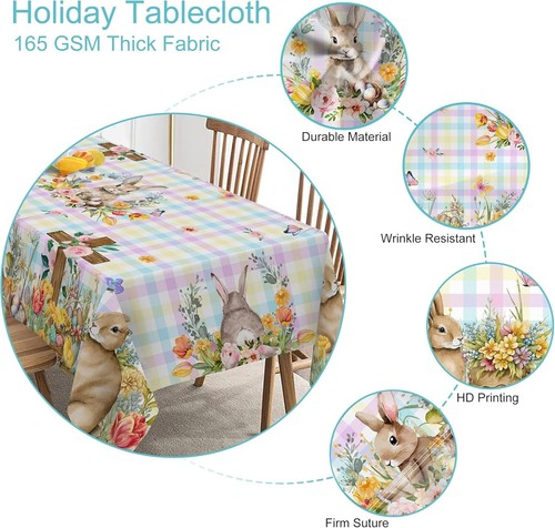 Easter Tablecloth, Easter Table Cloths Rectangle 60 X 120 with Bunny and Eggs, E - Picture 3 of 7