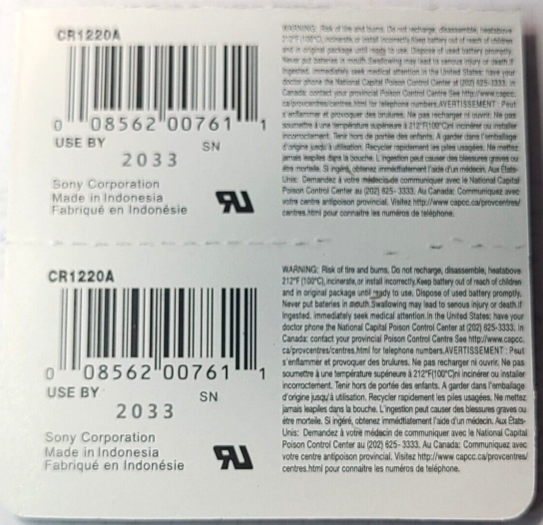 2PK CR1220 SONY MURATA 3V LITHIUM (GREAT EXP 2033) DL1220 ECR1220 FREE SHIP
