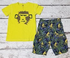 MINI BODEN 10 - 12 Yellow Monkey Tee Blue Tropical Jungle Print Shorts DC-TT20