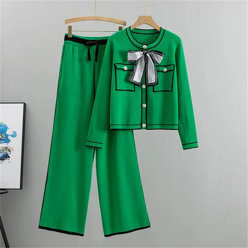 2 Piece Women O-neck Short Sweater Cardigan Sets Wide Leg Kintwear Pants Suits - Bild 23 von 30