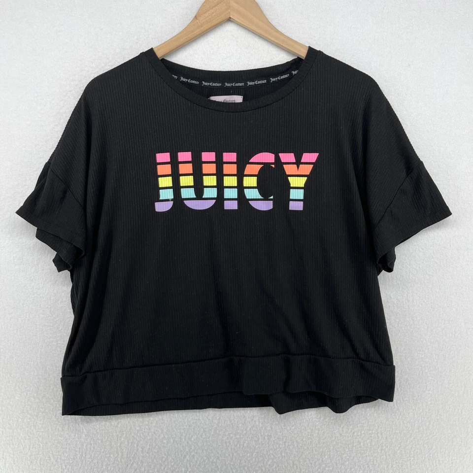 JUICY COUTURE Pajamas L Rainbow Logo T-Shirt & Bottoms Sleepwear Lounge Black - Image 2 of 4
