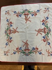 VTG White Linen Table Topper Hand Embroidered Tulips Windmills 32x33  50s