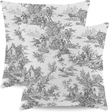 Black Grey Toile Pillow Covers 18x18 Inch Set of 2 Vintage French Country Throw