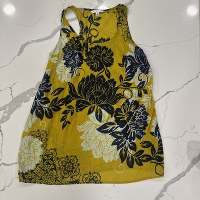 Cabi Silk Blend semi sheer tank size medium, yellow, navy, and white floral
