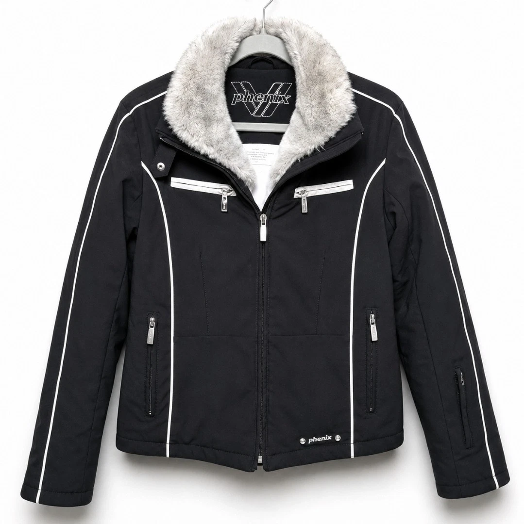 Phenix Ski Jacket Womens Size 10 Black White Removable Faux Fur Collar Snow