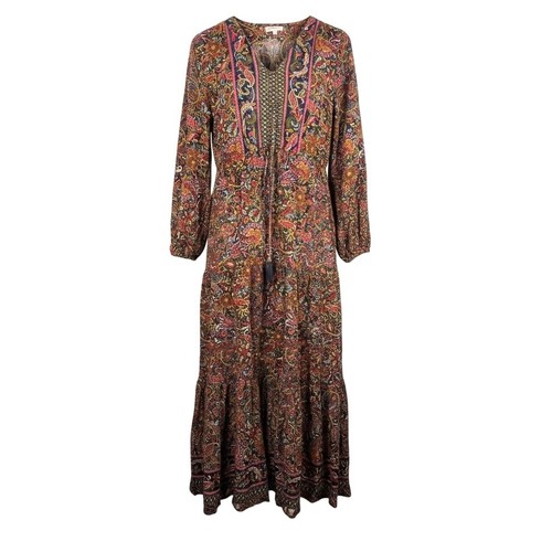 boemo Paisley floral Print Maxi Dress Long Sleeve Tiered Boho Festival Size L