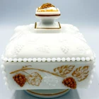 Westmoreland Milk Glass Wedding Box Lid Gold Grapes Vines Beaded #1874 Vtg