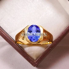 Tanzanite Oval Cut With 925 Sterling Silver Gold Plated Ring For Men's #B674 #