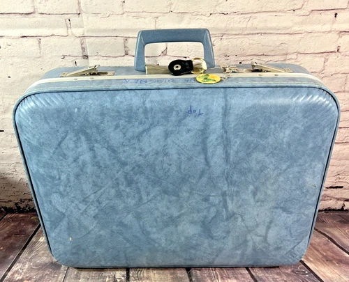Hard Shelled Blue Suitcase W/ Key Snap Lock Fabric Inside 20”x16”x 5”