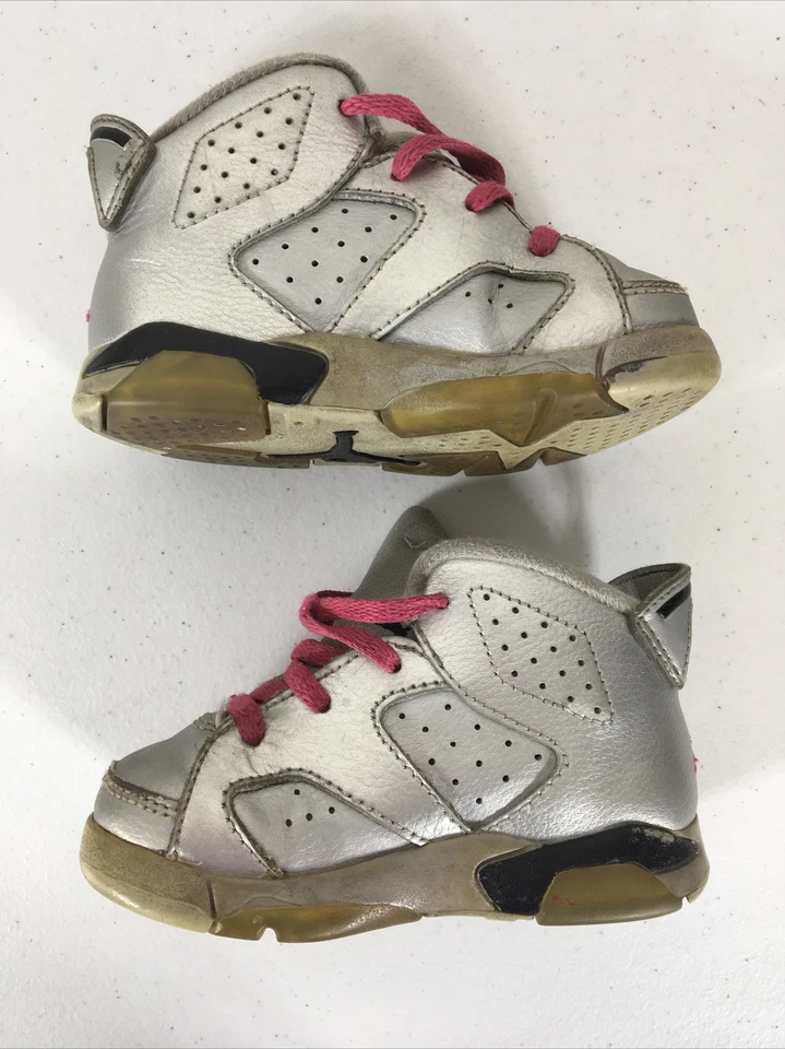 Nike Air Jordan 6 Retro/Silver/Pink Sneaker Toddler 384667-009 Size 6C — 第 3/4 张图片