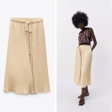 Zara Pleated Cropped Wide Leg Trousers Pants Size L Belted Culottes Gold Cream