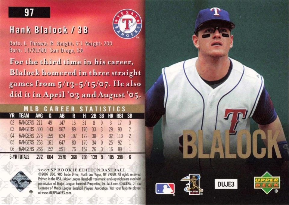 2007 SP Rookie Edition Hank Blalock Texas Rangers #97 - Image 2 of 2