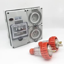 3 pin 2 x 15 Amp RCD Protected Outlet with 2x Male Plug IP66 Outlet Industrial