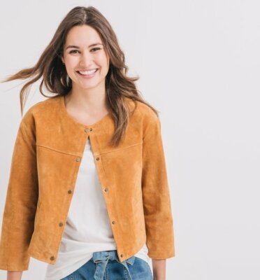 Blouson En Cuir Caroll Femme Taille 44 - 100% Cuir De Mouton, Couleur Ambre Cognac, Neuf Avec étiquettes