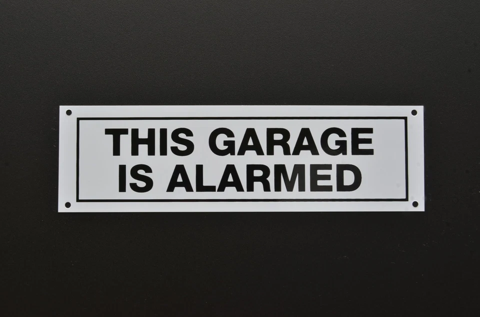 THIS GARAGE IS ALARMED sign or sticker 190mm x 58mm camera security driveway car