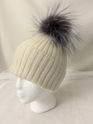 Amicale 100% Cashmere Beanie Hat Cap Fox Fur Pom Ribbed Knit  display picture 1