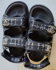   CHANEL Tweed Dad Sandals EU 37 US 6.5 Black White CC Logo Slingback Flatform