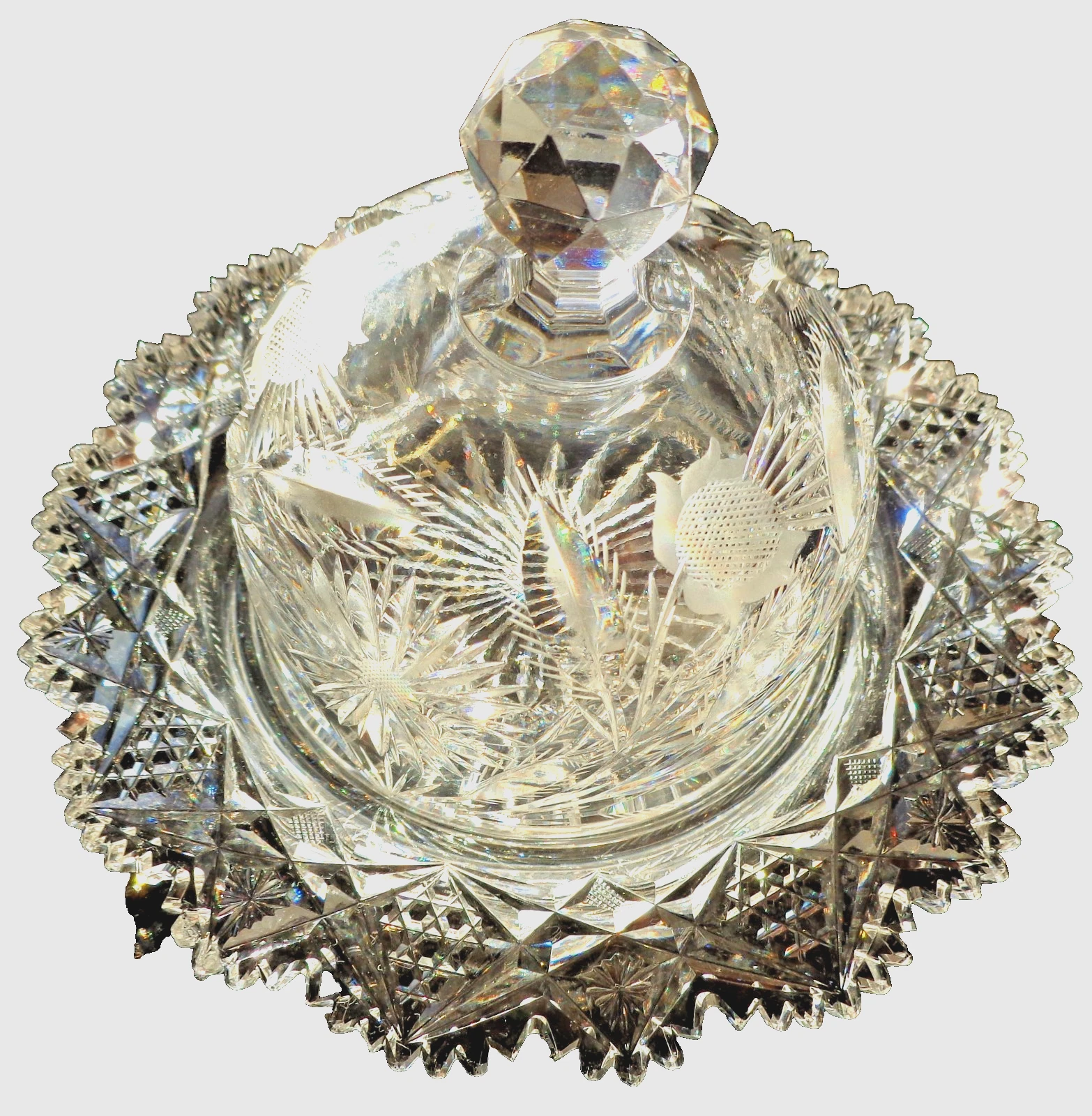 HAWKES SIGNED C1902 ABPCG COVERED BUTTER DISH & DOMED THISTLE & DAISY LID