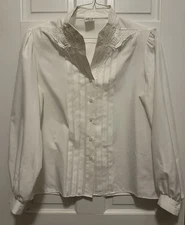 Vintage Terry Chicago White Tuxedo Blouse Floral Lace Collar Women’s M 1970s