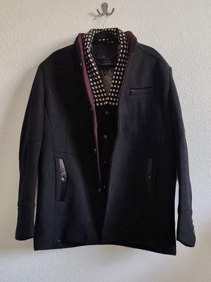 Mantel schwarz Stehkragen integrierter Schal mit Rastermuster Größe 2XL