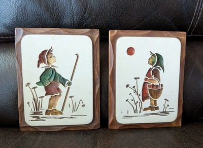 Boy and Girl Chalk Ware Wall Plaques Out In The Field Vtg 1966 Modern Art Pieces