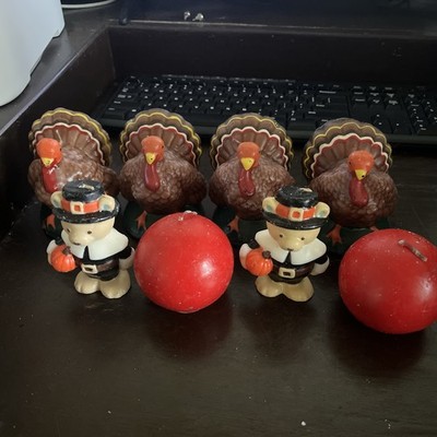 Set Of 8 Vintage Cardinal Candles Thanksgiving Turkeys Bears Round Red Apple