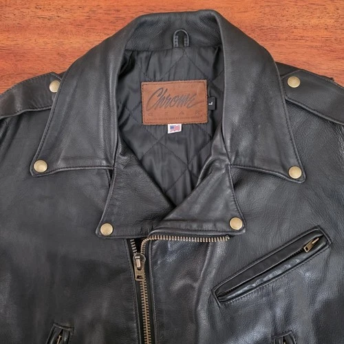 Vtg Custom Chrome Gear Large Leather Motorcycle Jacket Made In USA Talon Zippers image 10