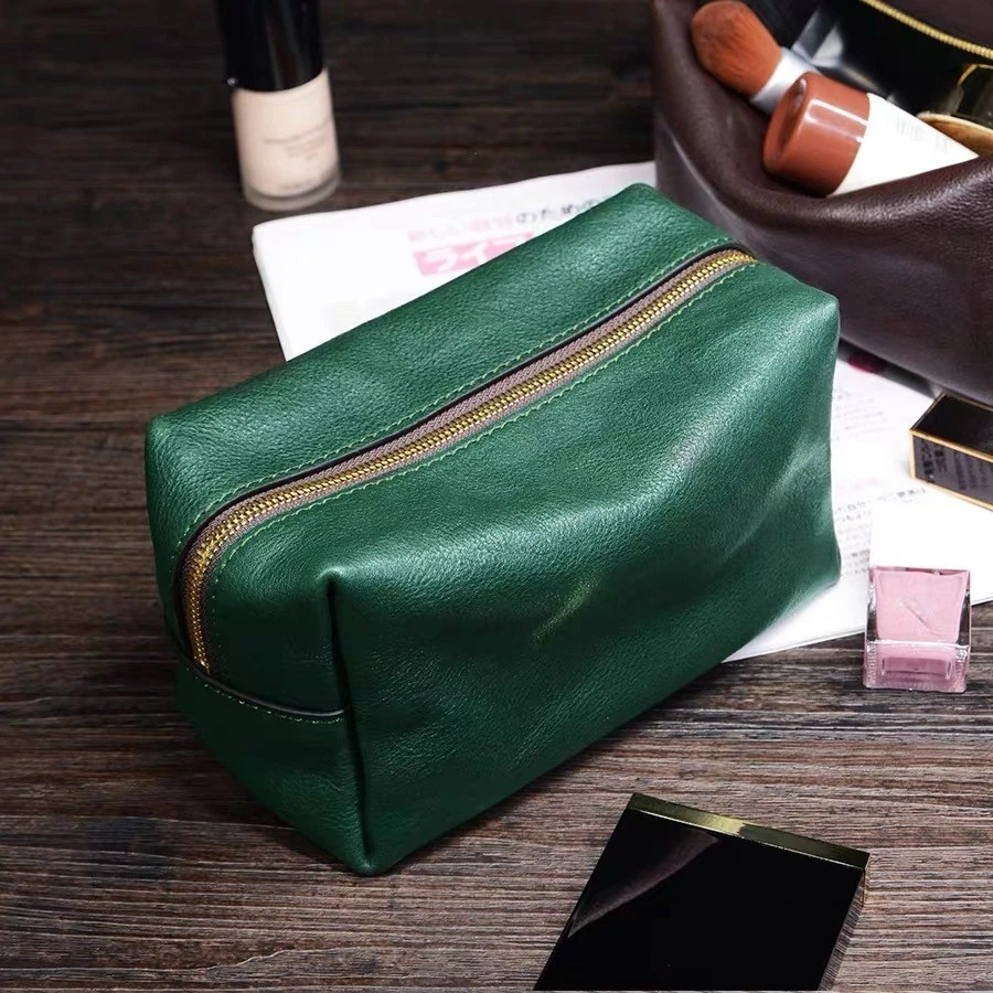 Green Leather Toiletry Bag | Vintage Style Travel Makeup Bag | Retro Organizer