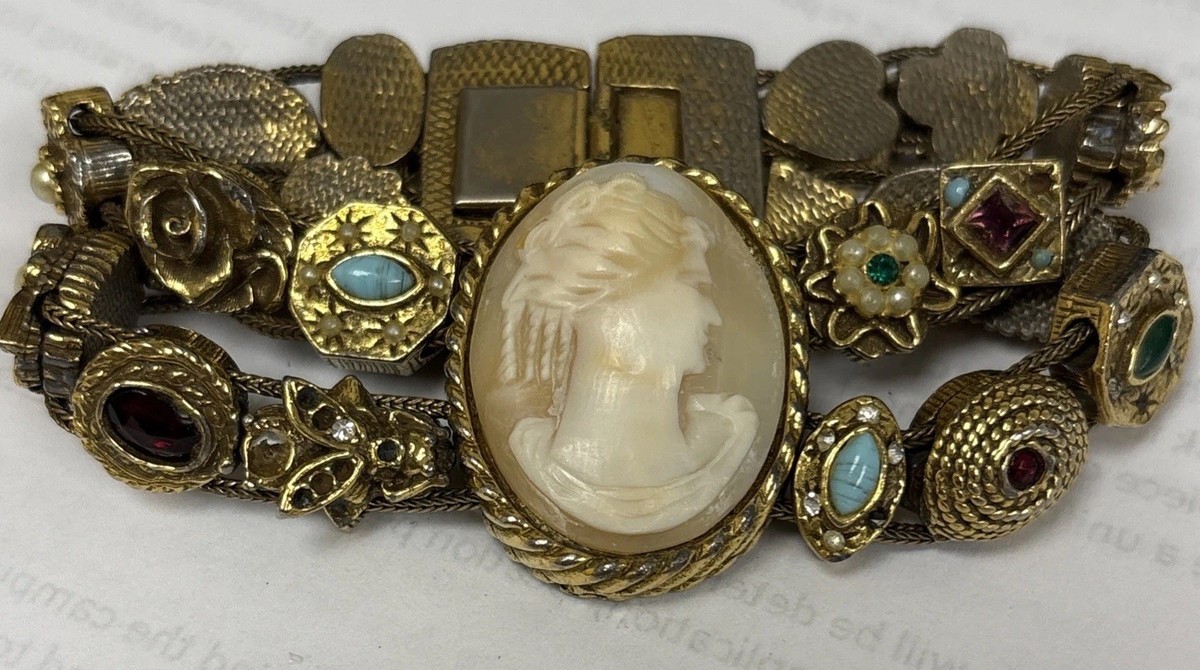 Vintage Goldette Cameo & Jewels & Stones Bracelet Double Slider 