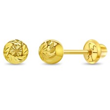 14K Yellow Gold Young Girl's Round Diamond Cut Ball Screw Back Earring Studs
