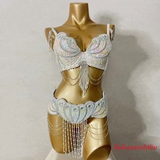 New Sequins Beaded Samba Belly Dance Costume Carnival EDC Outfit Bra Belt White