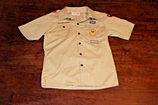 Boy Scouts of America BSA Youth Shirt Tan Large Sewn Patches Short Sleeve
