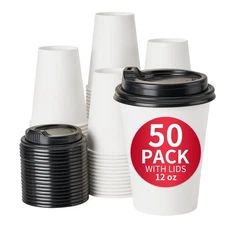 RACETOP 12 oz 50-Pk Disposable Paper Coffee Cups w/ Lids - Hot Drinks