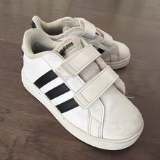 Adidas Grand Court 2.0 White Sneakers Black Stripes Kids Size 10K Hook Loop