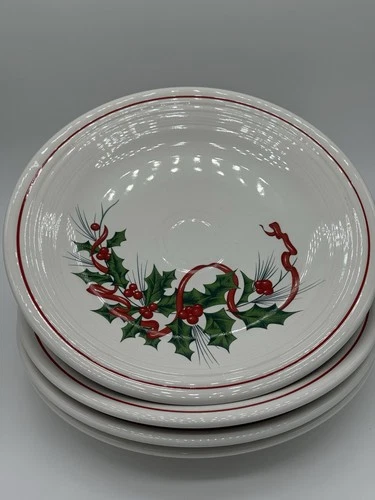 Set Of 4 Homer Laughlin HOLIDAY FIESTA Fiestaware Dinner Plate, Holly w/ Ribbon