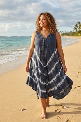 Women's Tie Dye Boho Black Grey Embroidered Sundress 1X Casual Beach Dress