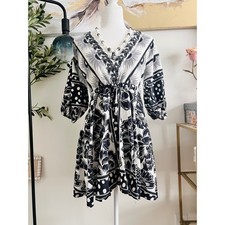 Farm Rio for Anthropologie Black White Floral Polka Dot Linen Blend Mini Dress